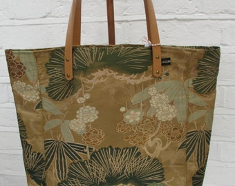 SUMMER SALE - Large Tote - bag made from vintage silk kimono and obi fabric - Gold/Brown/Green