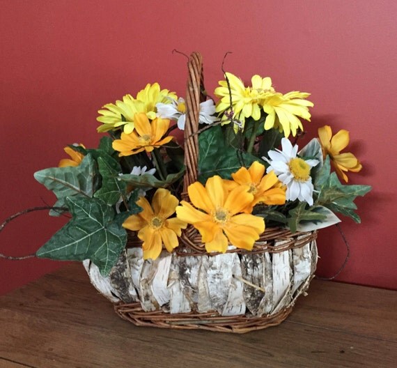 Yellow Flower Basket Spring Basket Birch by YouniquelyRenewed