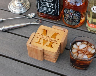 Personalized Coasters, Custom Coasters, Engraved Coasters, Custom Wedding Gift, Bamboo Square 6 Coaster Set with Holder --cst-sbam-mayors