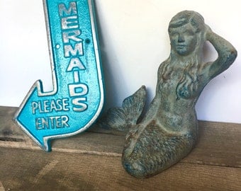 Cast Iron Mermaid Sign - Turquoise Blue/ or Pick Color - Beach Decor - Bathroom Wall Decor - Mermaid Decor - Mermaid Wall Art - Nautical Art
