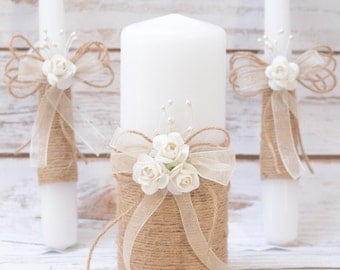 Rustic Wedding Candles Rustic Unity Candle Set Wedding Unity Candle Wedding Unity ideas Wedding Candles with Burlap Linen Roses lace