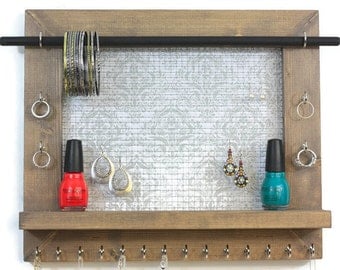 Jewelry Organizer - Light Gray Damask Necklace Rack - Jewelry Storage