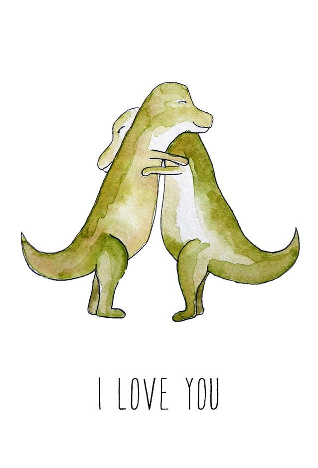 Dinosaur Love Card Watercolor Painting of Hugging T-Rexes