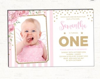 Pink and Gold First Birthday Invitation. Gold Confetti Printable Invite. Floral Photo Invitation. Gold Glitter Confetti Shower Invite. CON1