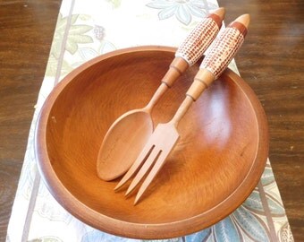 Vintage wooden salad spoons with ceramic Corn cob handles