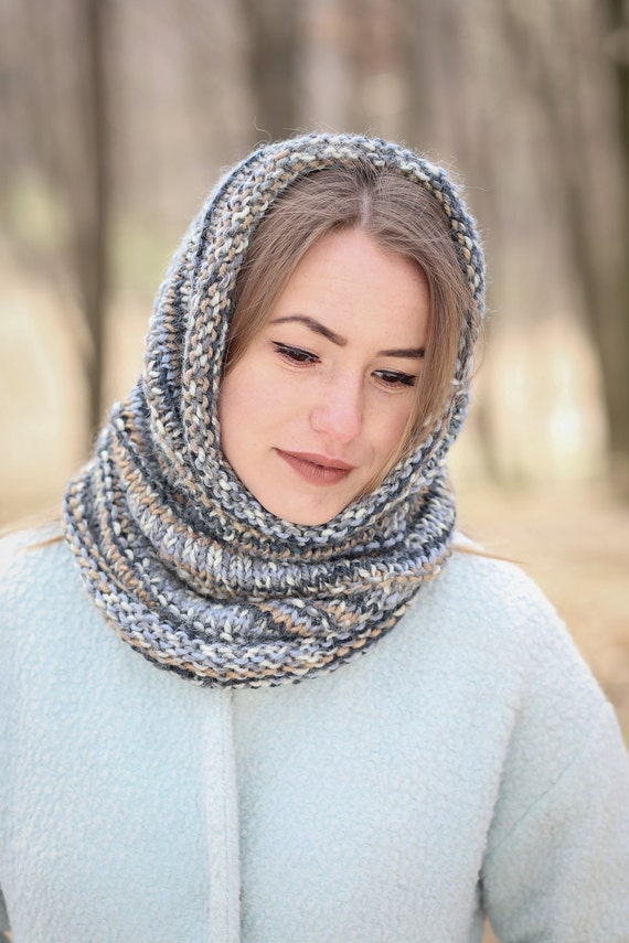 Neck warmer Knitted cowl Infinity scarf Blue scarf Brown cowl