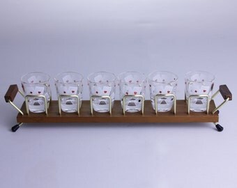 Vintage Shot Glasses Set with wooden Tray 6 shot glasses 50s Barware old style gift for him