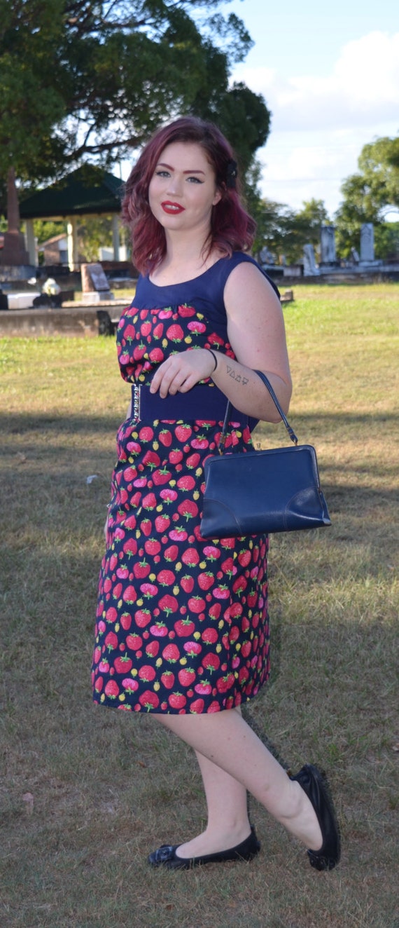 Vintage pin up dress strawberries navy