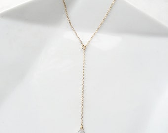 Minimal Lariat Y-Necklace with Gemston Adjustable Gem Stone Simple Pretty Delicate Minimal Layering Chic Choker Drop // 14K Gold Filled