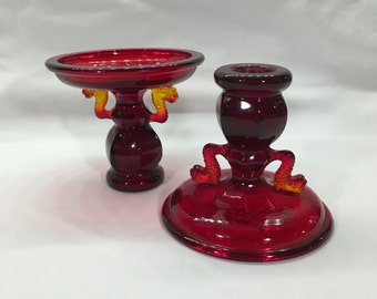 Fenton 1623 Ruby Amberina Dolphin Dauphin Art Glass Candlestick Holders Candleholders