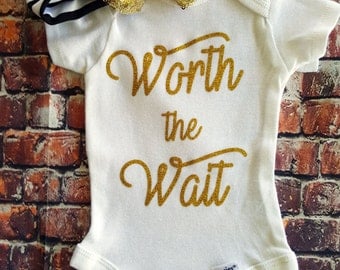 Worth the Wait onesie, new arrival onesie, take home outfit, new baby outfit, hospital outfit, newborn outfit, gold glitter,