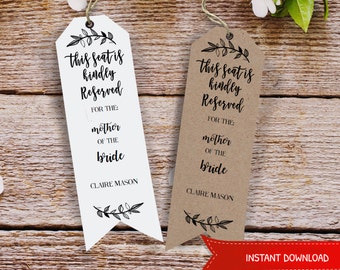 Reserved Wedding Ceremony Seating. Chair Signs Reserve Seating. Rustic Calligraphy Reserved chair tag label.DIY kraft Printable Editable