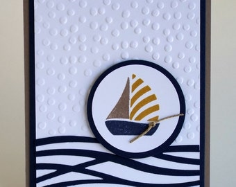 Handmade Sailboat Nautical Father's Day card, waves, masculine, navy blue and brown, thank you, any occasion card