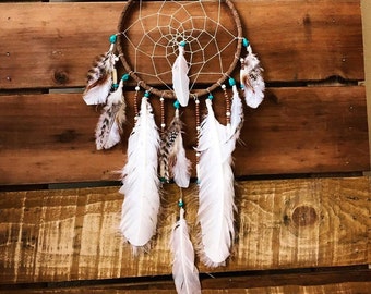 Dreamcatcher with genuine turquoise, Tan suede dreamcatcher, native american dreamcatcher, boho decor, wall hanging, nursery decor, wedding