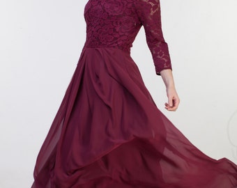 Long burgundy bridesmaid dress with sleeves Long burgundy dress Long burgundy lace dress Burgundy dress Burgundy prom dress SASH IS INCLUDED