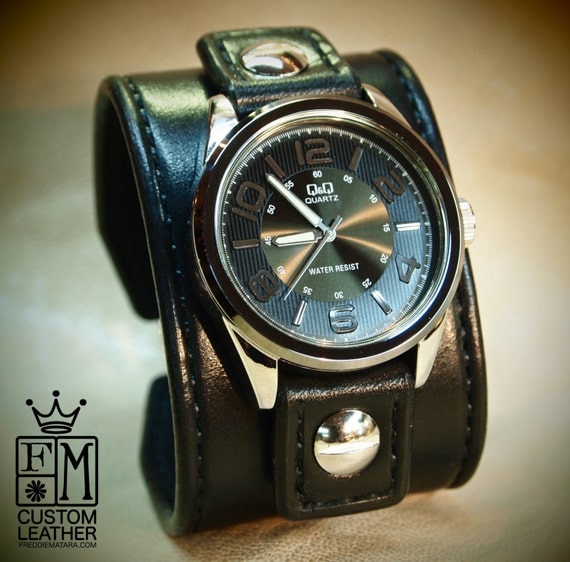 Leather cuff Watch Vintage Black bridle leather watchband, handstitched wrist watch made for YOU in NYC by Freddie Matara