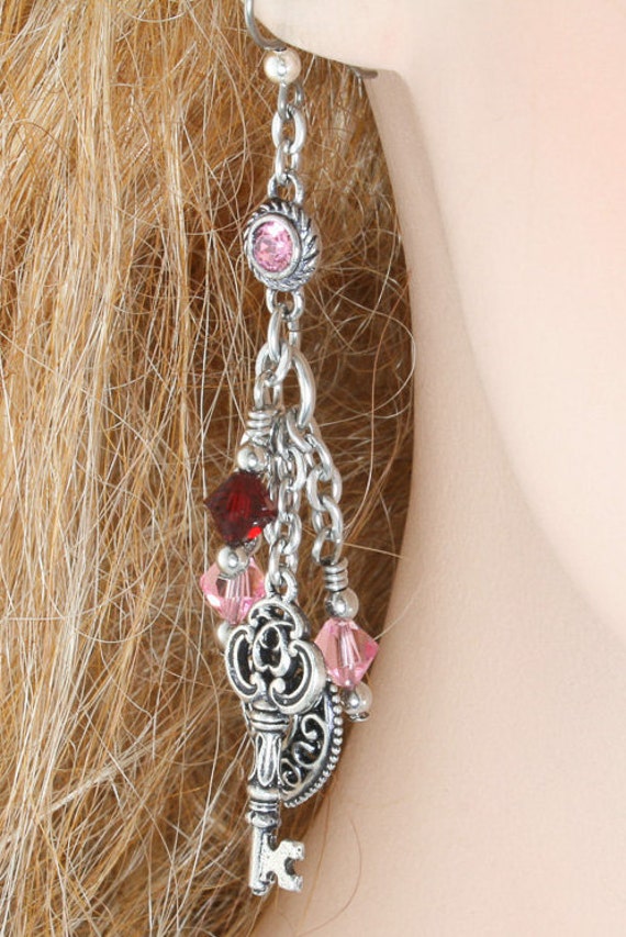 Heart Silver Charm Earrings with Crystals Heart Earrings