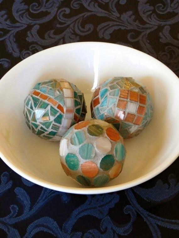 Items similar to Decorative Mosaic Balls Set in Teal Green, Copper, and