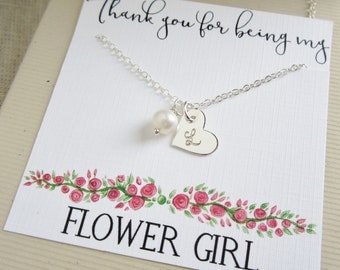 Personalized Flower Girl gift, flower girl necklace with message card, solid sterling silver initial necklace with freshwater pearl necklace
