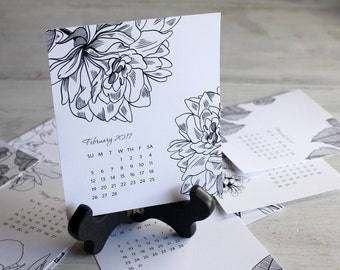 SALE - 2017 Desk Calendar with Wooden Easel Stand – Black and White Florals