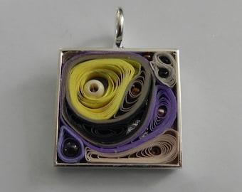 Purple and Yellow Pop Mixed Media Square Silver Pendant