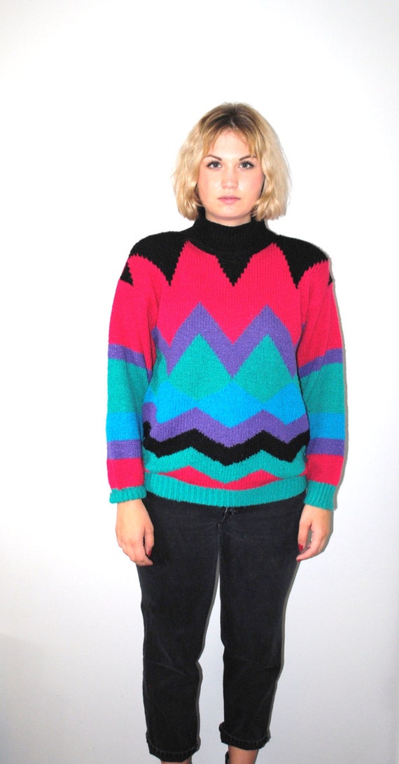Items similar to colorful turtleneck sweater 80s vintage op art zig zag ...