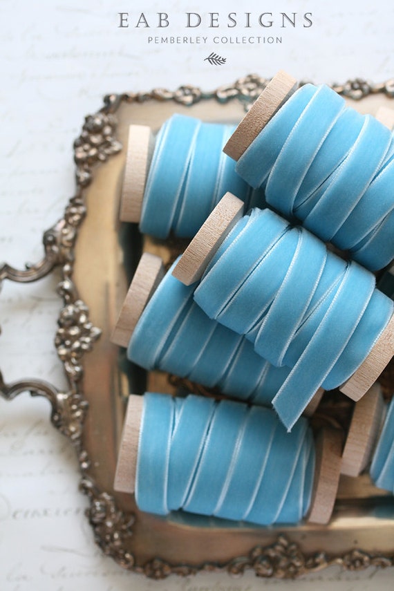 Blue Velvet Ribbon Light Blue Velvet Ribbon 3/8 by eabdesigns