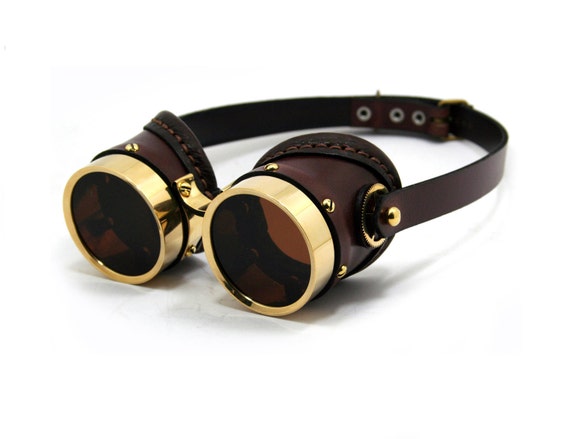 STEAMPUNK GOGGLES brown leather polished brass SMPL by MannAndCo steampunk buy now online