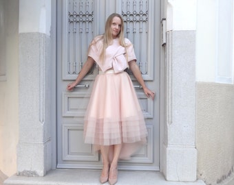 Robe de Mariée /tulle SKIRT High-Low Assymetrical / DustyRose Nude Blush/ Custom with Satin Lining Bridal Separates