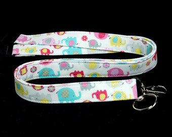Fabric Lanyard, Breakaway Lanyard, ID Badge Lanyard, Pink and Aqua Elephant Lanyard, Women's Cotton Key Lanyard