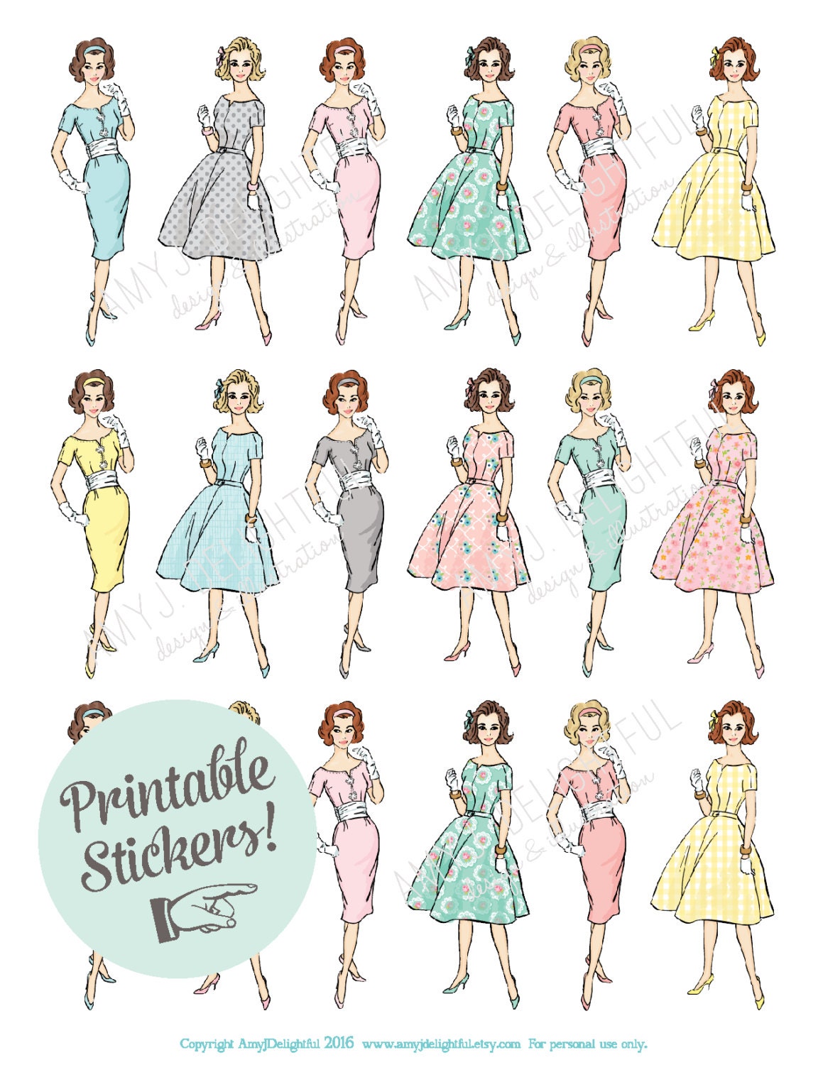 Printable Spring Retro Girl stickersDigital File Instant