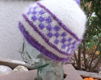 Purple and White Angora Hat
