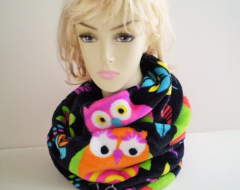 Fleece Owl Infinity Scarf, Colorful Owl Scarf, Owl Scarf, Fleece Infinity Scarves, Owl Scarves, Plush Owl Scarf
