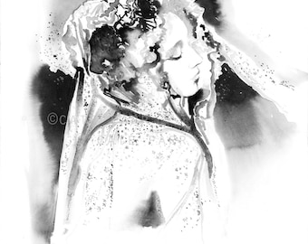 Original Watercolor, McQueen, Silvermoon Embroidered Chiffon Veil, Fashion Illustration, Watercolor Fashion Illustration, Fashion Poster