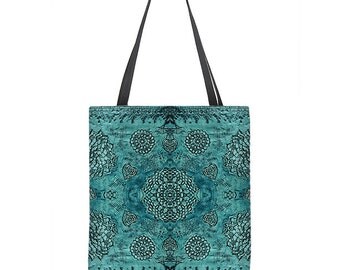 Boho Tote Bag, teal tote bag, floral lace print, bohemian tote bag, large tote, teal bag, turquoise tote bag, gift for her, stylish bag
