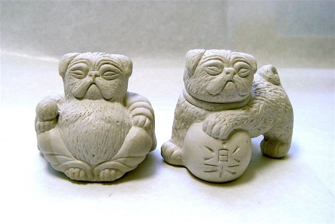 2 Mini Lucky Zen PUG Dogs Buddha and Foo Bonsai Statues
