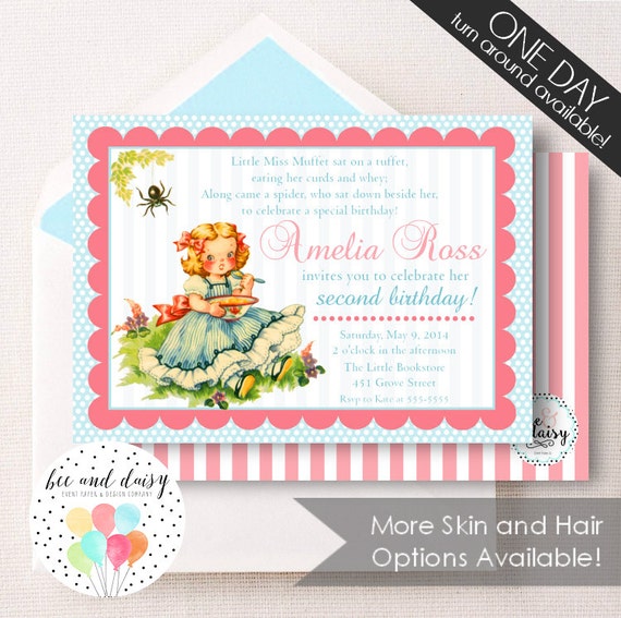 Little Miss Muffet Invitation, Miss Muffet Birthday Invitation, Miss Muffet Party, Girl First Birthday, Girl Birthday, Choose Skin & Hair Il_570xn