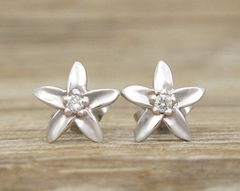 Flower Stud Earrings, Diamond Stud Flower Earrings, White Gold Flower Diamond Stud Earrings, Diamond Leaf Earrings, Bridal Diamond Earrings