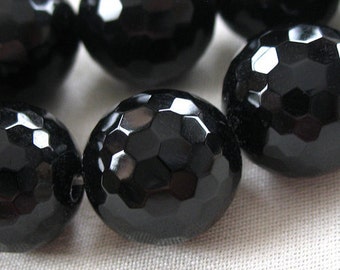 16mm Faceted Black Onyx Round Beads, large 16mm, 7.5" strand