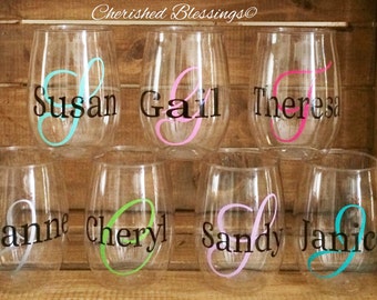 Monogram Plastic Wine Glasses Stemless, Stemless Wine Glasses, Acrylic, Wine Glasses, Wedding, Bridal Shower, Bachelorette Party Girls Night