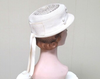Vintage 1950s Hat / 50s Ivory Straw Boater