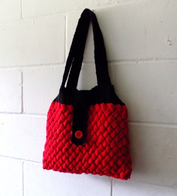 Hand Knitted Bag Red and Black Cable Knit Handbag Knitted