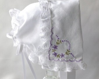 Little Voilets Handkerchief Baby Bonnet, Hanky Bonnet, Handmade, Heirloom Baby Bonnet, To fit up to 6 months, Ready to Ship
