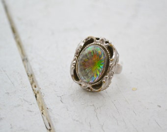 1960s Whiting and Davis Rainbow Watermelon Rhinestone Ring