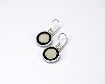 Sterling Silver Earrings, Black and White, Circles, Modern, Contemporary