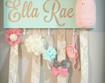 Headband Bow Holder, Custom Name Board Baby Girl, Mint Painted Board