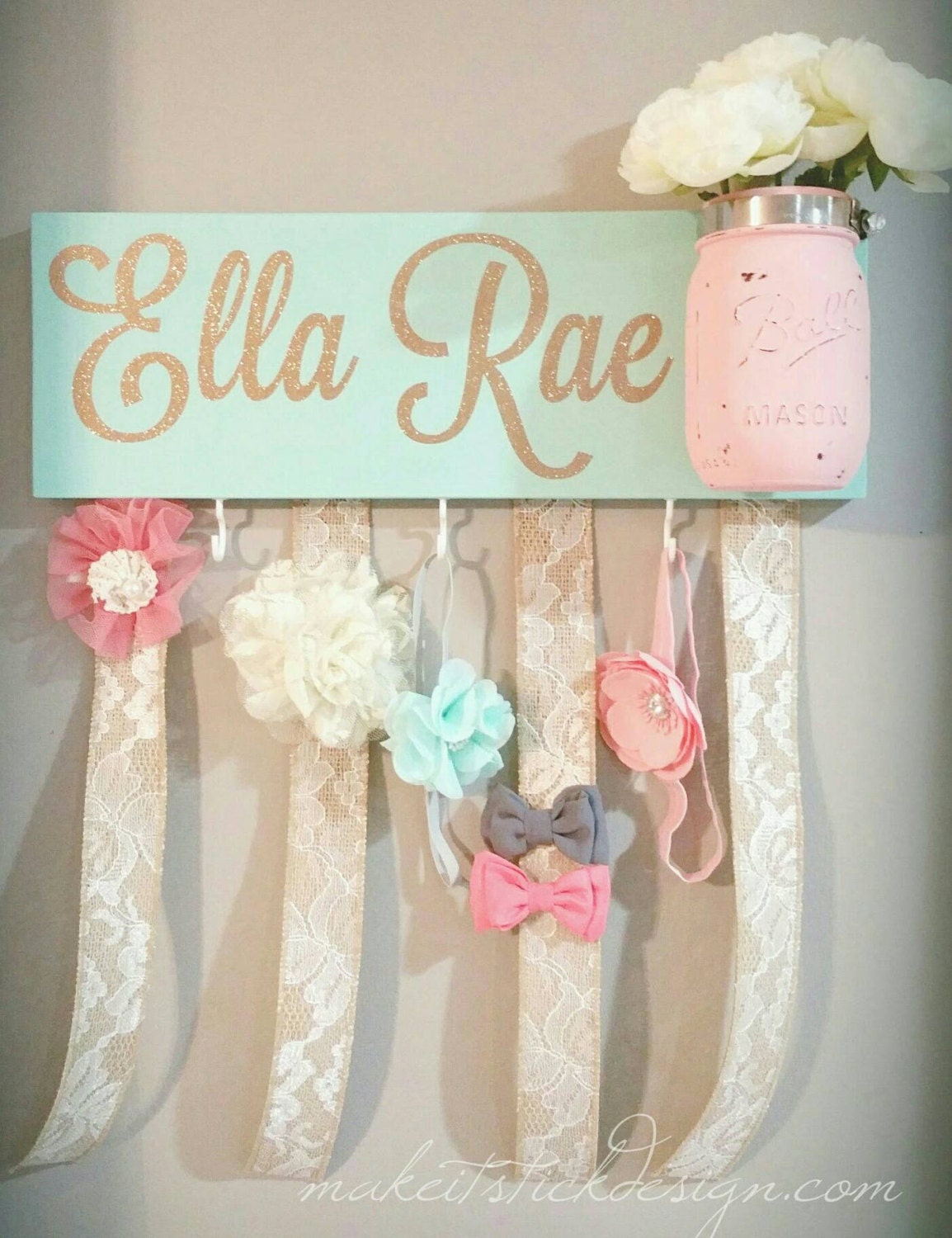Headband Bow Holder Custom Name Board Baby Girl Mint Painted