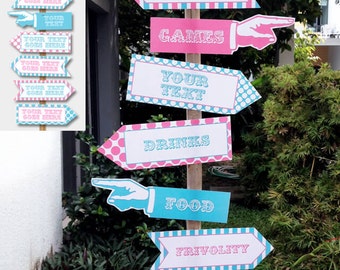 Circus Party Directional Signs - Direction Arrows - Pink Aqua - Carnival Party - INSTANT DOWNLOAD with EDITABLE text - comes in 2 sizes