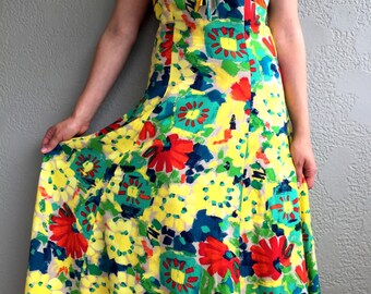 Vintage Multi-Color Floral and Striped Maxi Dress