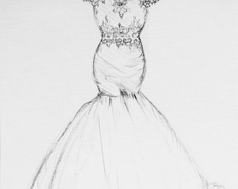 Wedding dress drawing Custom Wedding dress sketch layered